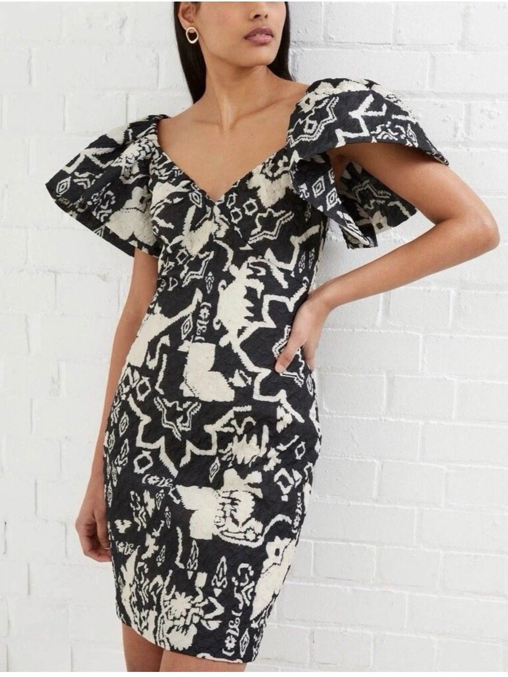 French Connection Deon Candra Black/Cream Jacquard Mini Floral Strapless Dress